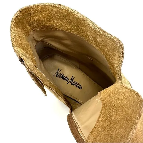 NEIMAN MARCUS “AVALE” TAN SUEDE FRINGE STOCKED BLOCK HIGH HEEL BOOTIES