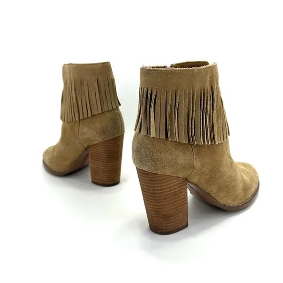 NEIMAN MARCUS “AVALE” TAN SUEDE FRINGE STOCKED BLOCK HIGH HEEL BOOTIES