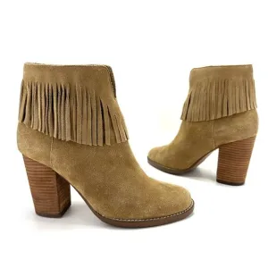 NEIMAN MARCUS “AVALE” TAN SUEDE FRINGE STOCKED BLOCK HIGH HEEL BOOTIES