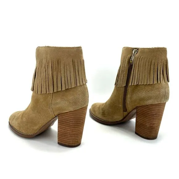 NEIMAN MARCUS “AVALE” TAN SUEDE FRINGE STOCKED BLOCK HIGH HEEL BOOTIES