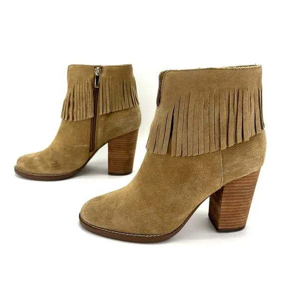 NEIMAN MARCUS “AVALE” TAN SUEDE FRINGE STOCKED BLOCK HIGH HEEL BOOTIES