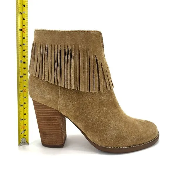 NEIMAN MARCUS “AVALE” TAN SUEDE FRINGE STOCKED BLOCK HIGH HEEL BOOTIES