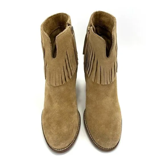 NEIMAN MARCUS “AVALE” TAN SUEDE FRINGE STOCKED BLOCK HIGH HEEL BOOTIES