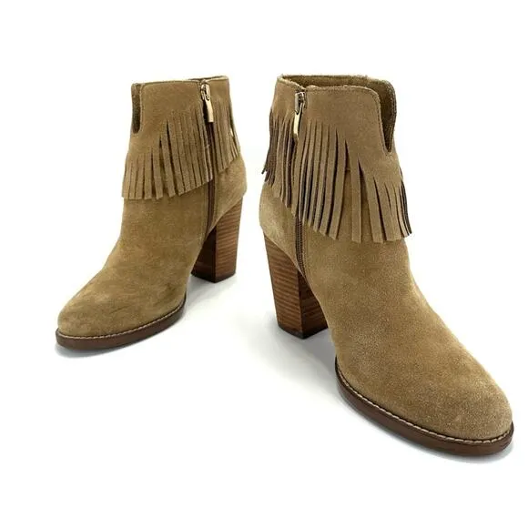 NEIMAN MARCUS “AVALE” TAN SUEDE FRINGE STOCKED BLOCK HIGH HEEL BOOTIES