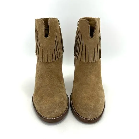 NEIMAN MARCUS “AVALE” TAN SUEDE FRINGE STOCKED BLOCK HIGH HEEL BOOTIES