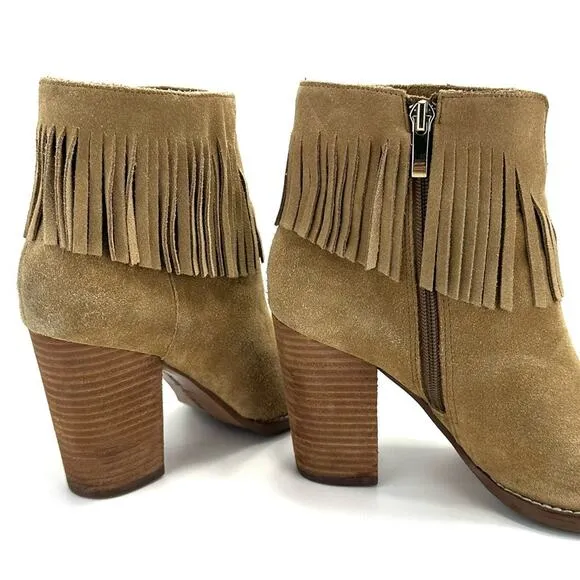 NEIMAN MARCUS “AVALE” TAN SUEDE FRINGE STOCKED BLOCK HIGH HEEL BOOTIES
