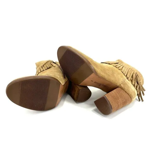NEIMAN MARCUS “AVALE” TAN SUEDE FRINGE STOCKED BLOCK HIGH HEEL BOOTIES