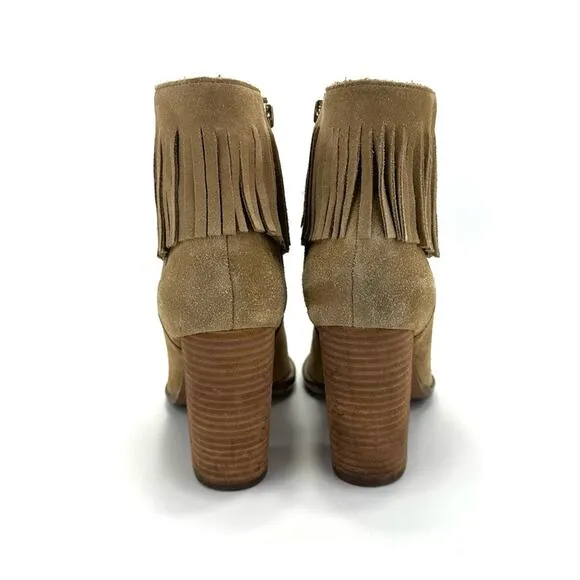 NEIMAN MARCUS “AVALE” TAN SUEDE FRINGE STOCKED BLOCK HIGH HEEL BOOTIES