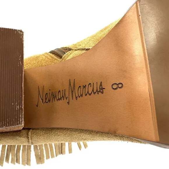 NEIMAN MARCUS “AVALE” TAN SUEDE FRINGE STOCKED BLOCK HIGH HEEL BOOTIES