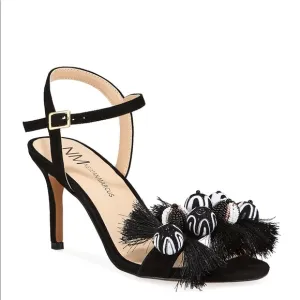 NEIMAN MARCUS Black Beaded Tassel Mid-Heel Sandals