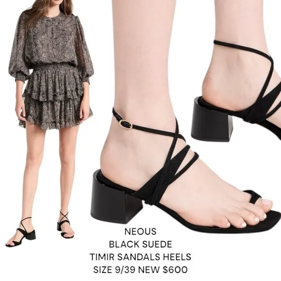 NEOUS BLACK LEATHER STRAPPY TIMIR BLOCK CHUNKY HEELS SANDALS  9/39 NEW $600