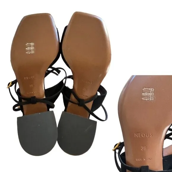 NEOUS BLACK LEATHER STRAPPY TIMIR BLOCK CHUNKY HEELS SANDALS  9/39 NEW $600