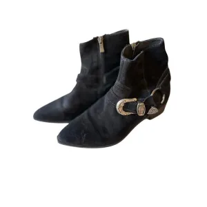 Neslihan Canpolat Black Suede Boots Silver Buckle Small Block Heel US 6.5