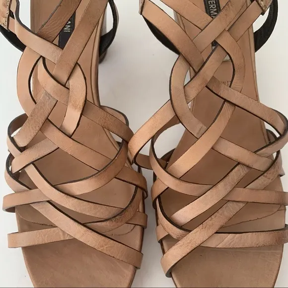 New ALBERTO FERMANI Strappy Block Heel Sandals Leather Tan Made In Italy
