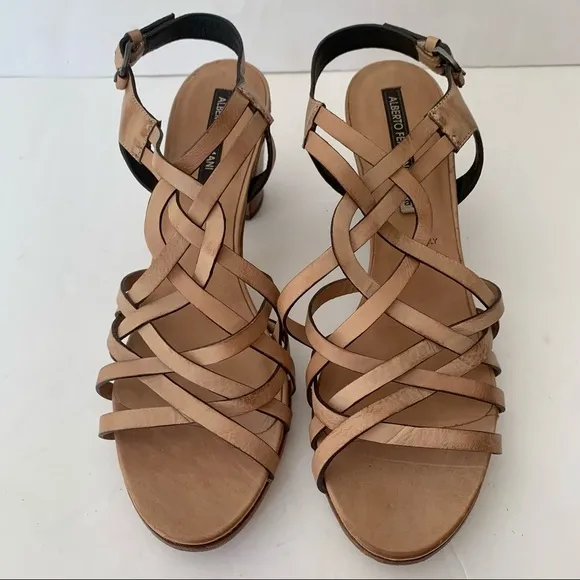 New ALBERTO FERMANI Strappy Block Heel Sandals Leather Tan Made In Italy