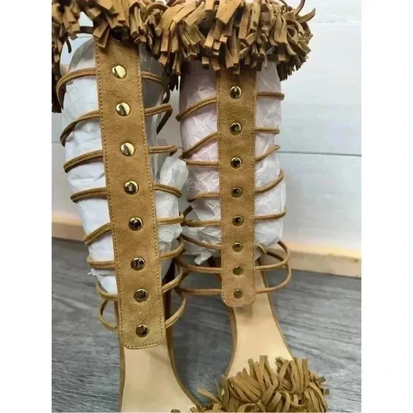 *NEW* Alejandra G. Heels - Size 40 (US 9) Suede Fringe Tan High Heel Sandal
