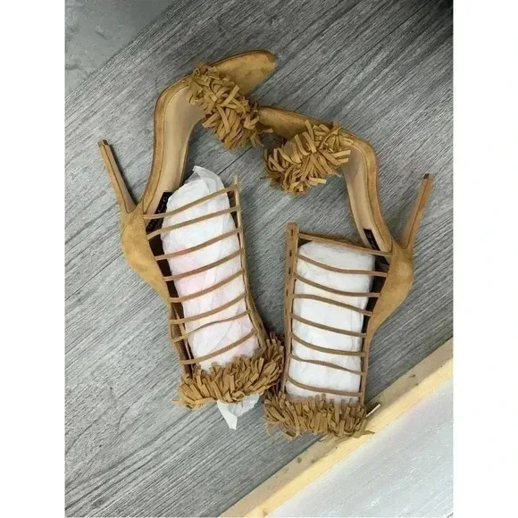 *NEW* Alejandra G. Heels - Size 40 (US 9) Suede Fringe Tan High Heel Sandal