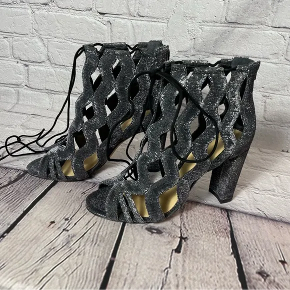 New Alexandre Birman Loretta Cage Silver Black Metallic Sandals Size 37
