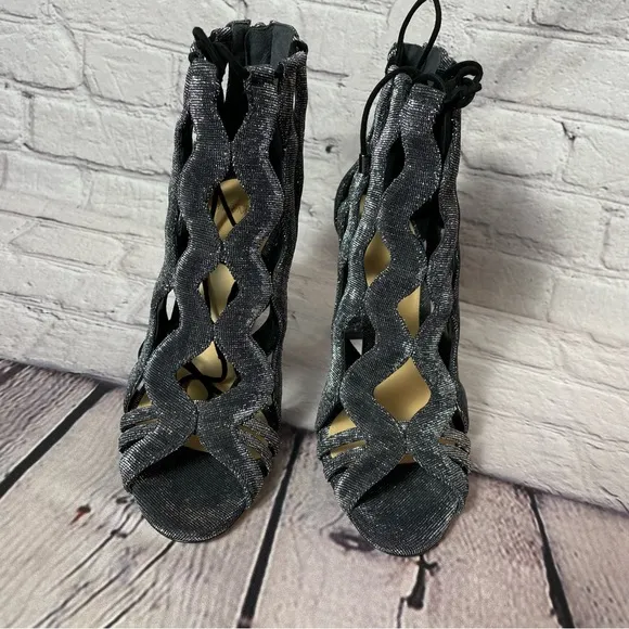 New Alexandre Birman Loretta Cage Silver Black Metallic Sandals Size 37