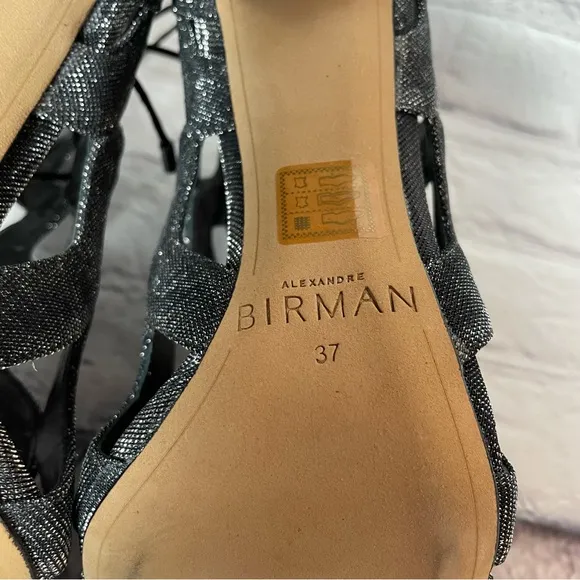 New Alexandre Birman Loretta Cage Silver Black Metallic Sandals Size 37