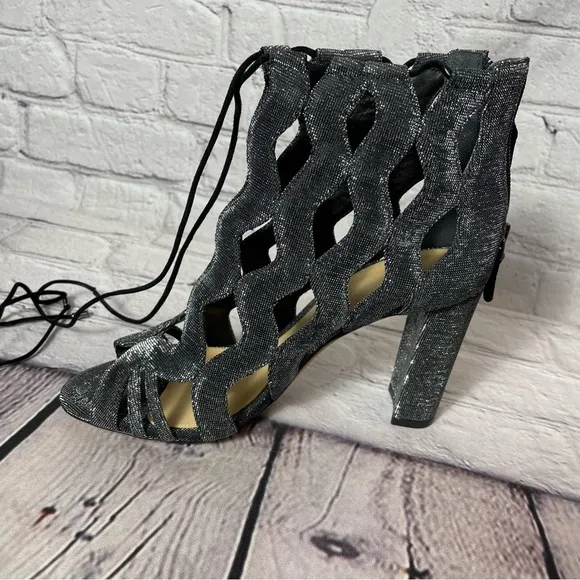 New Alexandre Birman Loretta Cage Silver Black Metallic Sandals Size 37