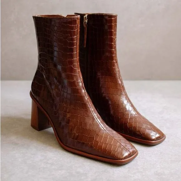 NEW Alohas Brown Croc-Embossed Ankle Boots size 38