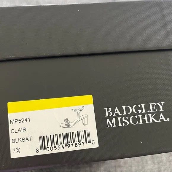 NEW Badgley Mischka Clair Black Satin Ankle Strap Crystal Pearl Heel Sandals