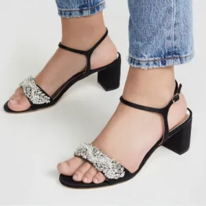 NEW Badgley Mischka Clair Black Satin Ankle Strap Crystal Pearl Heel Sandals