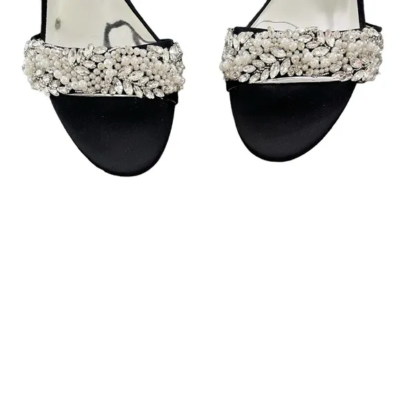 NEW Badgley Mischka Clair Black Satin Ankle Strap Crystal Pearl Heel Sandals