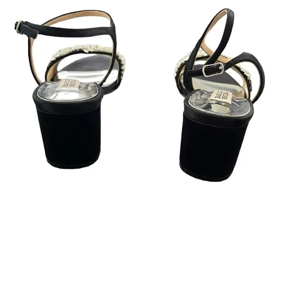 NEW Badgley Mischka Clair Black Satin Ankle Strap Crystal Pearl Heel Sandals