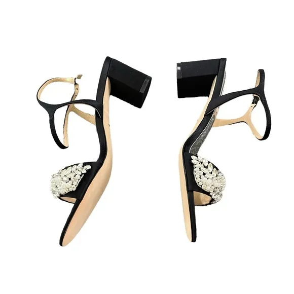 NEW Badgley Mischka Clair Black Satin Ankle Strap Crystal Pearl Heel Sandals