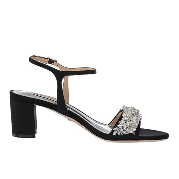 NEW Badgley Mischka Clair Black Satin Ankle Strap Crystal Pearl Heel Sandals