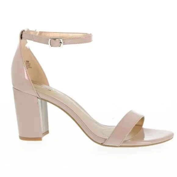 New Bandolino Armory Pump Sandal cream shiny ankle buckle block high heel 8.5
