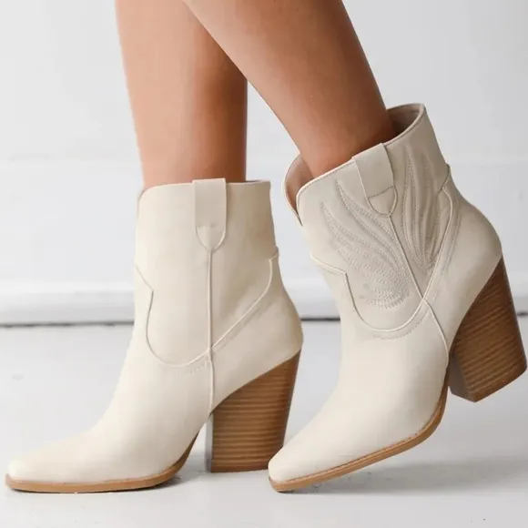 New! Beige Distressed Western Cowboy Block Heel Ankle Booties Boots
