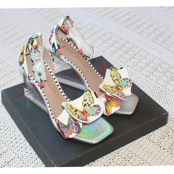 NEW Betsey Johnson Marloe Women's Wedge Sandals Size 8M Beaded White Butterfly