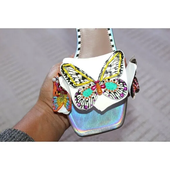 NEW Betsey Johnson Marloe Women's Wedge Sandals Size 8M Beaded White Butterfly