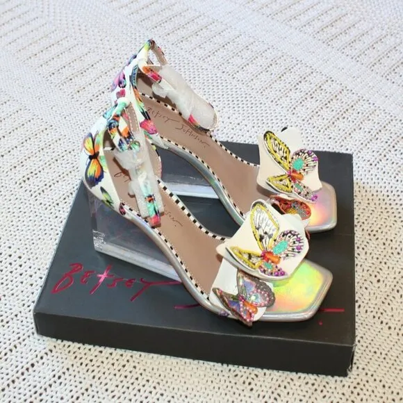 NEW Betsey Johnson Marloe Women's Wedge Sandals Size 8M Beaded White Butterfly
