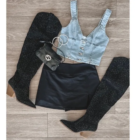 NEW Black Thigh High Western Style Bedazzled CowboyBoots