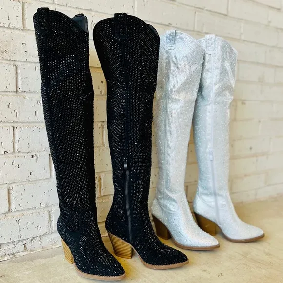NEW Black Thigh High Western Style Bedazzled CowboyBoots