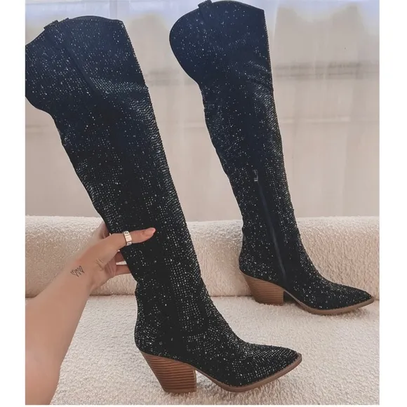 NEW Black Thigh High Western Style Bedazzled CowboyBoots