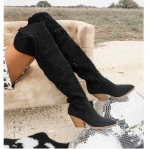 NEW Black Thigh High Western Style Bedazzled CowboyBoots