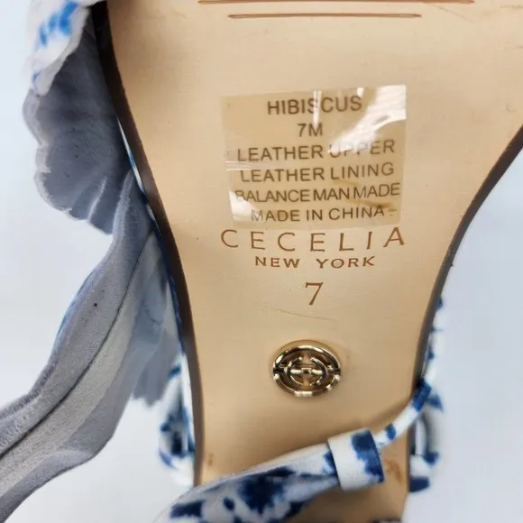 New Cecilia New York Womens Hibiscus Heeled Sandals Blue Tie Dye Leather Size 7