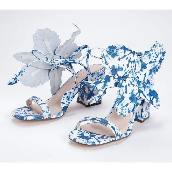 New Cecilia New York Womens Hibiscus Heeled Sandals Blue Tie Dye Leather Size 7