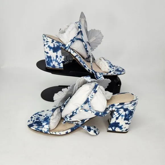New Cecilia New York Womens Hibiscus Heeled Sandals Blue Tie Dye Leather Size 7