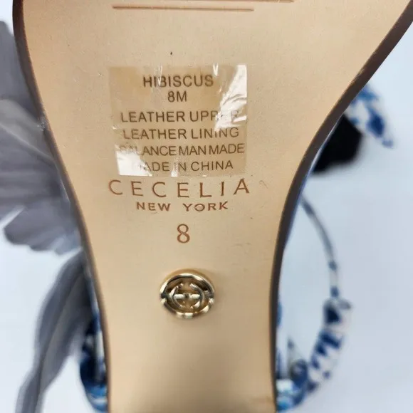 New Cecilia New York Womens Hibiscus Heeled Sandals Blue Tie Dye Leather Size 8
