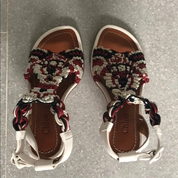 NEW Chloé White Red Black Crochet Leather Strappy Heeled Sandals