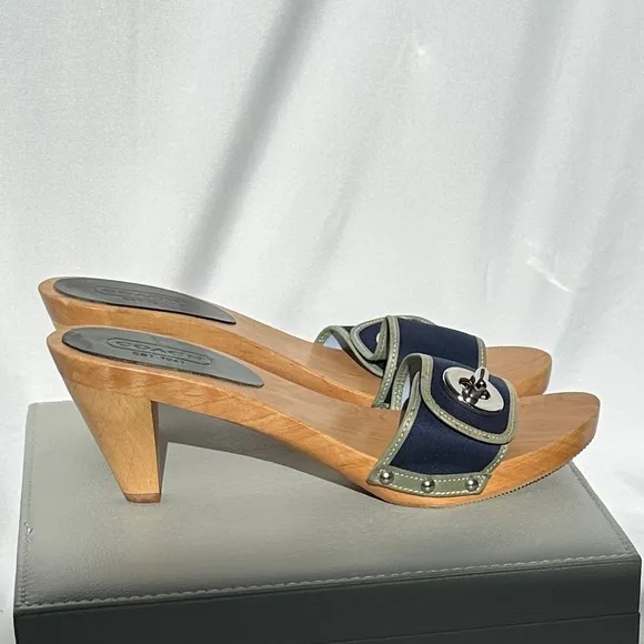 NEW Coach Navy Blue Turnlock Wooden Mule Kitten Heel Sandals Size 8.5
