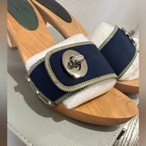 NEW Coach Navy Blue Turnlock Wooden Mule Kitten Heel Sandals Size 8.5