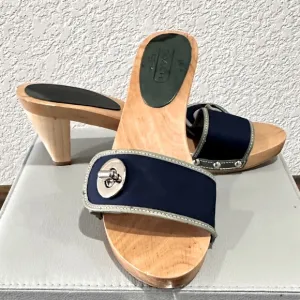 NEW Coach Navy Blue Turnlock Wooden Mule Kitten Heel Sandals Size 8.5