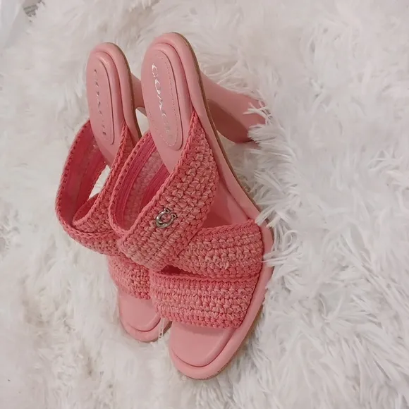 NEW COACH’s Quintin 60MM Crochet leather sculptural heel sandalsBarbie Pink